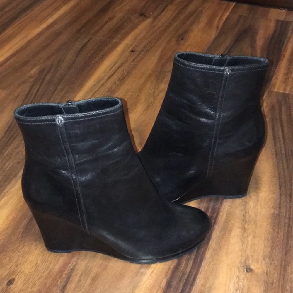 Prada Black Calfskin Leather Wedge Ankle Booties